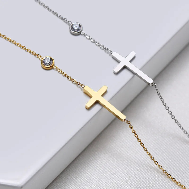 Simple Single Chain Bracelet for Women Luxury Cross Design with Shiny Zirconia Stones