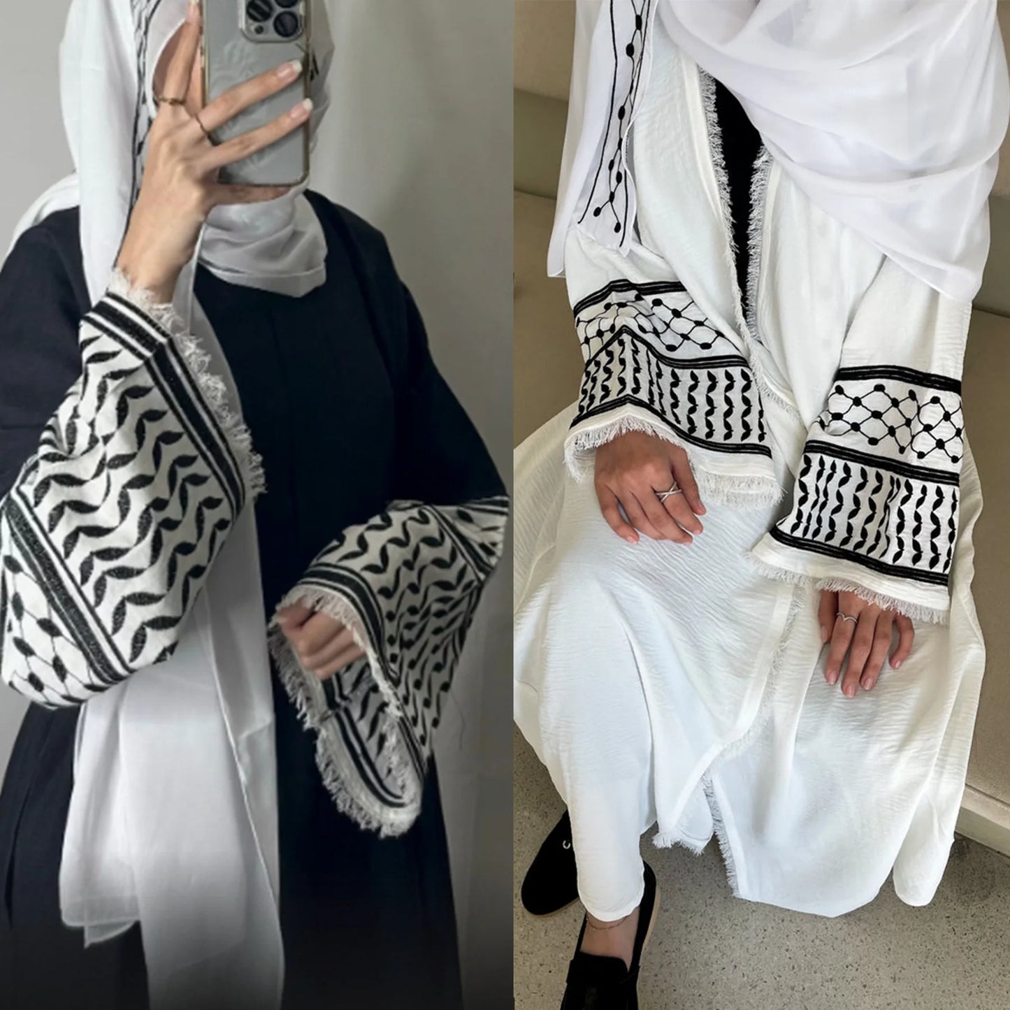 Ramadan Abaya with Palestinian Embroidered Keffiyeh Tassels Open Islamic Abayas for Women