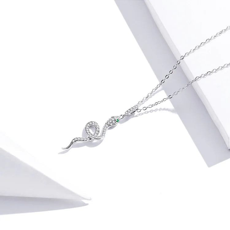 Silver Snake Necklace with Cubic Zirconia