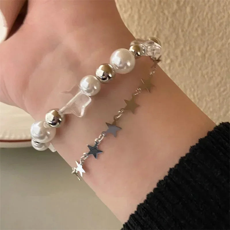 Crystal Pentagram Star Shape Faux Pearl Bracelet