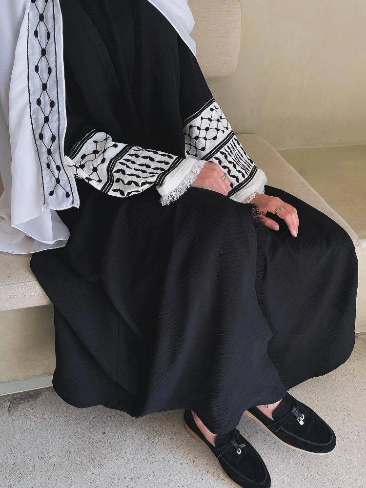 Women's Embroidered Abaya with Palestinian Keffiyeh Sleeves