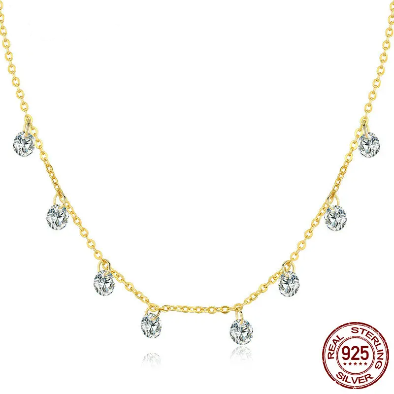 14k Gold Plated Silver Thin Chain Necklace with Cubic Zirconia