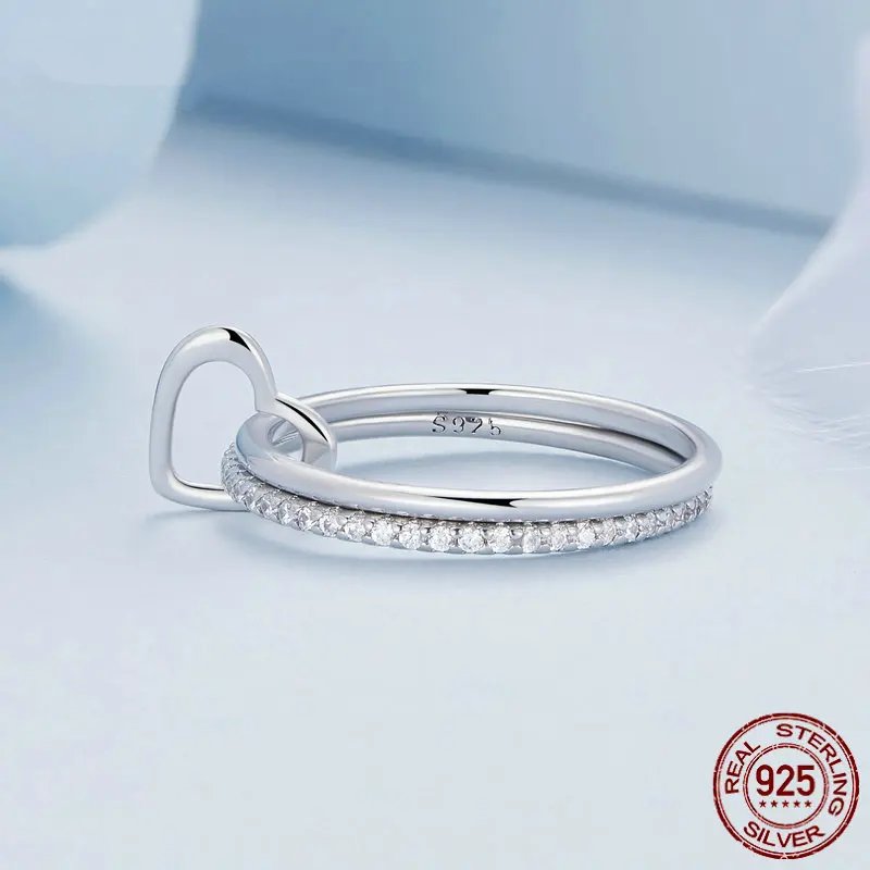 Sterling Silver Double Layer Stackable Ring Heart Buckle